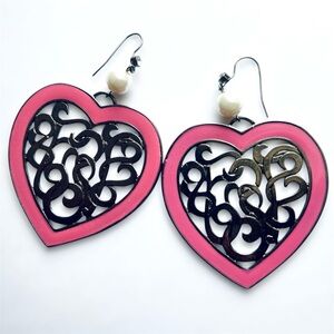 Vintage Pink Heart Statement Filigree Earrings with Pearl Rhinestone Detail